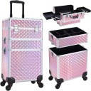 Cufăr de machiaj mobil 3 în 1 cu roți 34 x 24 x 41 cm Cufăr cosmetic detasabil cu închidere PVC Organizator profesional pentru cosmetice 3