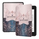 Custodia flip rosa e blu da 6 pollici per Kindle di 10ª generazione 2019 con ornamenti, corona e scritta Invitation, con cinturino e pellicola 1