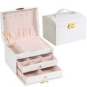 Cutie de bijuterii cu trei niveluri, cu sertare și organizator pentru inele, cercei și coliere 17,5 × 13,5 × 12,5 cm din piele artificială 2