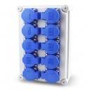 Cutie de priză exterioară impermeabilă cu 10 prize EU 220V 16A IP67, ABS 280×190×130 mm, gri cu capace albastre, montare pe perete pentru grădină și atelier 1