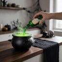 Czarny kociołek czarownicy z czaszką i mgłą LED oświetlenie 26 cm Zasilanie USB Czarny z zielonym światłem Dekoracja na imprezę i stół 6