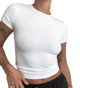 Dam Kortärmad T-shirt med rund hals, åtsittande elastisk topp, modern enfärgad T-shirt, slim fit, moderiktiga kläder 2