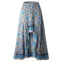Dame asymmetrisk maxi nederdel med blomsterprint Kortere foran og længere bagpå Elastisk rynket talje Stribet kant Polyester og bomuld 2