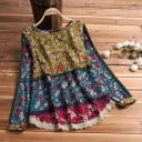 Dame bomuldsbluse med blomsterprint og blonderand Sammansat af striber med forskellige mønstre Lange ærmer Rund hals Løs pasform 6