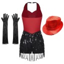 Dame danse sæt kjole med pailletter og frynser, hat og handsker, vestlook med krave, polyester elastan, til latin og jazz 7
