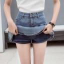 Dame denim mini nederdel med flæser 1