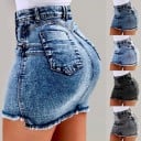 Dame denim mini nederdel med høj talje Tætsiddende snit Frynset kant Slidt udseende For- og baglommer Bomuld med polyester 5