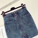 Dame denim mini nederdel med lynlås foran i hele længden To store påsyede lommer Ring på lynåsens skyder Let A-formet snit Blå Polyester 3
