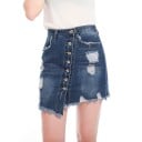 Dame denim mini nederdel med skrå række af knapper Asymmetrisk snit Slidte detaljer Flosset kant Foran lommer Bæltestropper 3