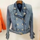 Dame denimjakke i bikerstil Gyldne dekorative knapper Skrå lynlås Bælte med spænde Tætsiddende pasform Slidt blå Bomuld og polyester 2