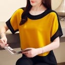 Dame elegant bluse med korte ærmer og sorte kontrastdele Rund hals Polyester med spandex Til jobsamtale og arbejdsfest 8