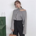 Dame elegant bluse til fester med én blotlagt skulder Høj krave med spænde Fint sort-hvidt mønster Lange brede ærmer Polyester 3