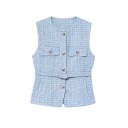 Dame Elegant Enkeltfarvet Vest Med Bælte Og Lommer På Brystet U-udskæring Knaplukning Stilfuld Polyester Vest Forskellige Farver 14