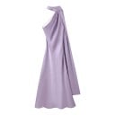 Dame elegant lange satin kjoler uden ærmer med asymmetrisk krave omkring halsen og flydende sjal på ryggen 13