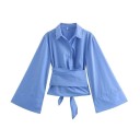 Dame elegant skjorte med krave og lange ærmer Stilfuld kimono med sløjfe i taljen Ensfarvet bluse med knapper lavet af let polyester 12