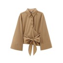 Dame elegant skjorte med krave og lange ærmer Stilfuld kimono med sløjfe i taljen Ensfarvet bluse med knapper lavet af let polyester 14