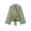 Dame elegant skjorte med krave og lange ærmer Stilfuld kimono med sløjfe i taljen Ensfarvet bluse med knapper lavet af let polyester 15