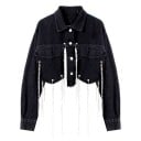 Dame forkortet denimjakke med hængende kæder Udsnit på ryggen Krave og metalknapper Lange ærmer med manchet Polyester og bomuld 2