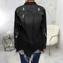 Dame forlænget denimjakke med frynset kant og slidt effekt Brystlommer Knappelukning Lange ærmer Polyester 6