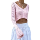 Dame hæklet langærmet T-shirt elegant åndbar sweater med knaplukning let sommertop vintage romantisk stil 3