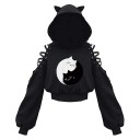 Dame hoodie med katteører Sort hoodie med katteprint og snøring på skuldrene Bomulds-polyester fritidsoverdel 1