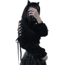Dame hoodie med katteører Sort hoodie med katteprint og snøring på skuldrene Bomulds-polyester fritidsoverdel 3