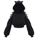 Dame hoodie med katteører Sort hoodie med snøring på skuldrene Bomulds-polyester komfortabel fritidsbeklædning 1