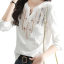 Dame Hvid Bluse V-Udskæring Trekvart Ærme Dekorative Ornamenter Ærme med Knap Elegant Bluse i Polyester 5