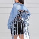 Dame kort denimjakke med netbag fra knyttede strimler Lange frynser Lys blå Krave og brystlommer Polyester og bomuld 2