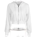 Dame kort hoodie med hætte og fuld lynlås Hvid crop stil Justerbare snore To frontlommer Ribbet manchetter Polyester og bomuld 1