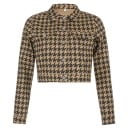 Dame kort jakke med hane-fod mønster Brun-beige og sort Krave og metalknapper Brystlommer med klap Lange ærmer Polyester og spandex 1