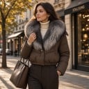 Dame kort vinter dunjakke med sølvfarvet krave af ægte pels, quiltet med elastisk kant og lange ærmer 6