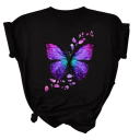 Dame kortærmet T-shirt med sommerfuglemotiv i rumstil lilla-blå effekt sommertop med print stilfuldt og behageligt snit 1