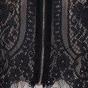Dame lace bluse med lange ærmer og lynlås foran Kort snit Flosset lace kant Rund halsudskæring Sort Polyester med bomuld 2