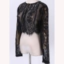 Dame lace bluse med lange ærmer og lynlås foran Kort snit Flosset lace kant Rund halsudskæring Sort Polyester med bomuld 4