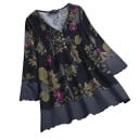 Dame lang bluse med blomsterprint og lange ærmer V-hals med knapper Blonderkant Polyester og bomuld Behagelig løs pasform 2