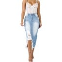 Dame lang denim nederdel med flosset slid foran Tætsiddende pencil-snit Slidt effekt og slidte detaljer 100% bomuld og polyester 3