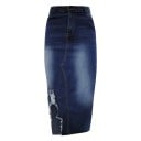Dame lang denim nederdel med flosset slid foran Tætsiddende pencil-snit Slidt effekt og slidte detaljer 100% bomuld og polyester 6