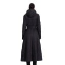 Dame lang quiltet jakke med hætte og bælte Sort frakke til anklerne med indsnævret talje og udvidet nederste del Lynlås i polyester 3