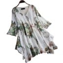 Dame lang sommerbluse med blomstertryk V-hals Bredde ærmer Asymmetrisk kant Løs pasform Polyester og bomuld 3