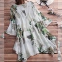 Dame lang sommerbluse med blomstertryk V-hals Bredde ærmer Asymmetrisk kant Løs pasform Polyester og bomuld 5