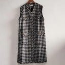 Dame lang vest uden ærmer i tweed-stil Sort-hvidt ternet Roede kanter Gyldne knapper Klapper til lommer Polyester og bomuld 1
