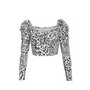 Dame leopard bluse i kort snit Lange puffede ærmer Hjerteudskæring med let rynket midte Glat polyesterstof 1