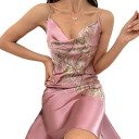 Dame natkjole med blomsterprint Sexy V-udskæring med spaghetti-stropper Let ensfarvet pyjamaskjole i blødt polyester 17