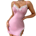 Dame natkjole med blonder og split Elegant ensfarvet kjole med V-udskæring Nylon Spandex Elastisk natmode Forskellige farver 7