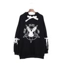 Dame oversize sweatshirt med hætte Tryk af kanin med flagermusvinger Snøring med bånd på ærmerne Sløjfe på hætten Polyester og bomuld 2