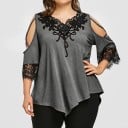 Dame plus size bluse med blondeapplikation i V-udskæring Åbne skuldre med krydsede bånd Ærmer med blonde Asymmetrisk kant 3
