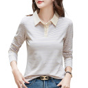 Dame polo med lange ærmer V-hals Krave Knapper Stribet Bomuld Komfortabel Elegant Casual Top Sommer Forår 7