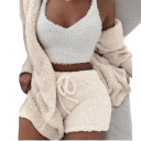 Dame sæt top, sweatshirt og shorts Plyset fluffy materiale af polyester Tre-delt sæt med hætte V-hals Justerbar talje Fritid og derhjemme 5