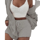 Dame sæt top, sweatshirt og shorts Plyset fluffy materiale af polyester Tre-delt sæt med hætte V-hals Justerbar talje Fritid og derhjemme 6